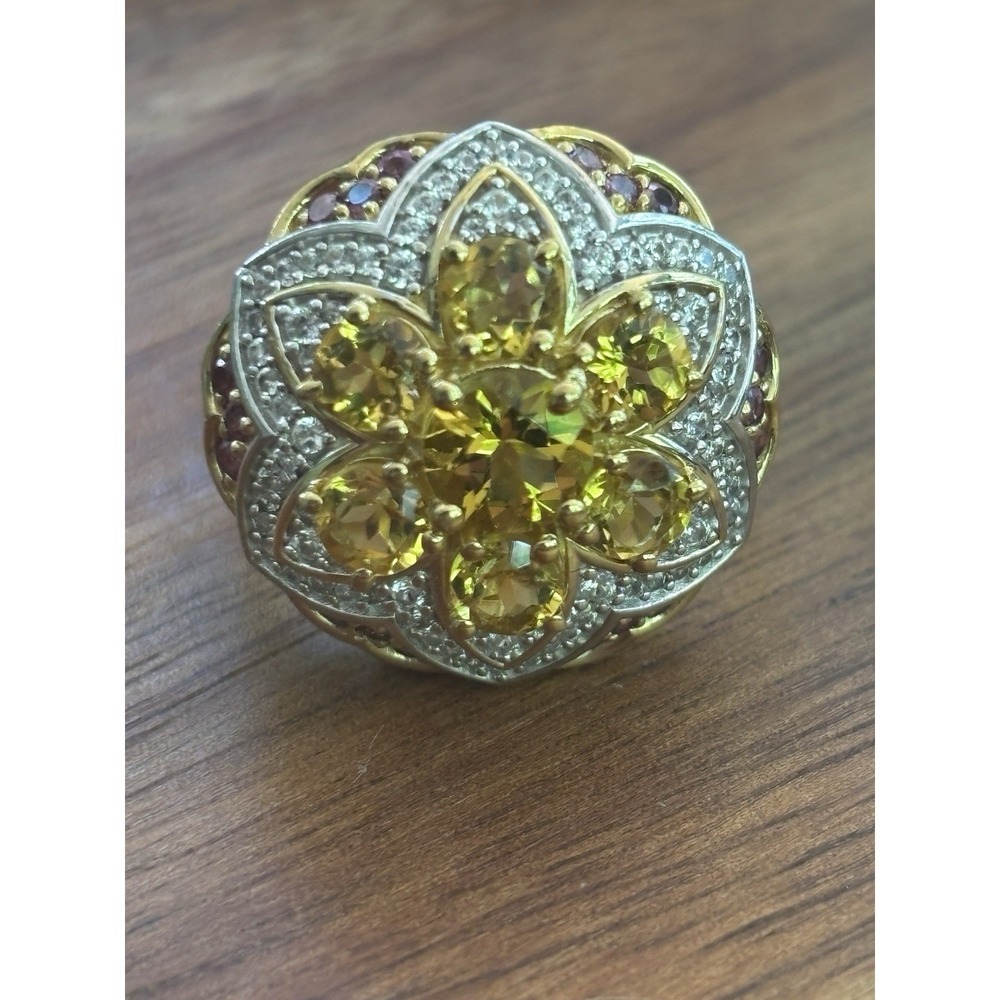 Djoy Vermeil 925 Flower Cocktail Ring Citrine Diamond Size 7